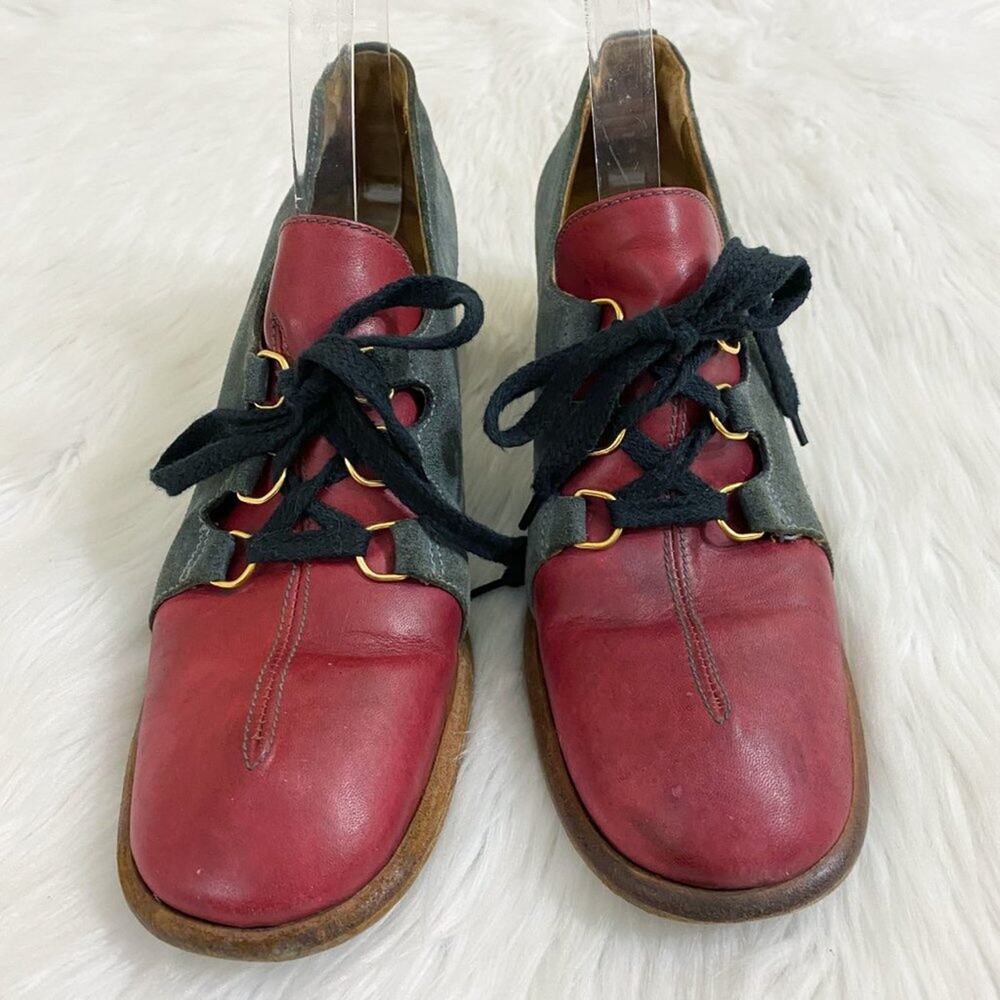 Vintage Gray Suede & Red Leather Lace Up Shoes Block Heel Made in Italy Sz 10AA - Picture 3 of 9